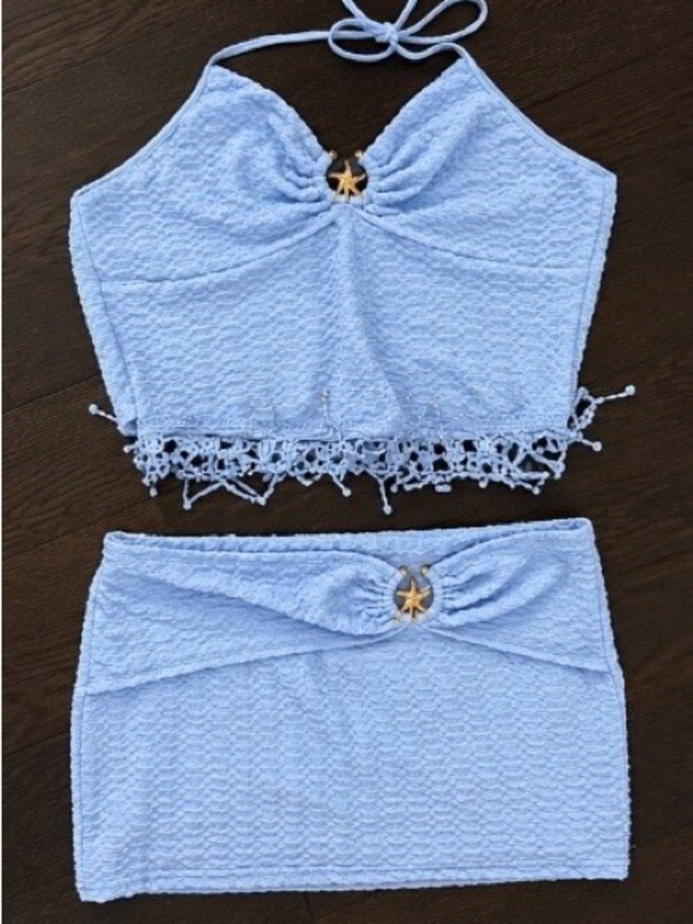 Light Blue Crochet-Trim Halter Crop Top & Skirt Set